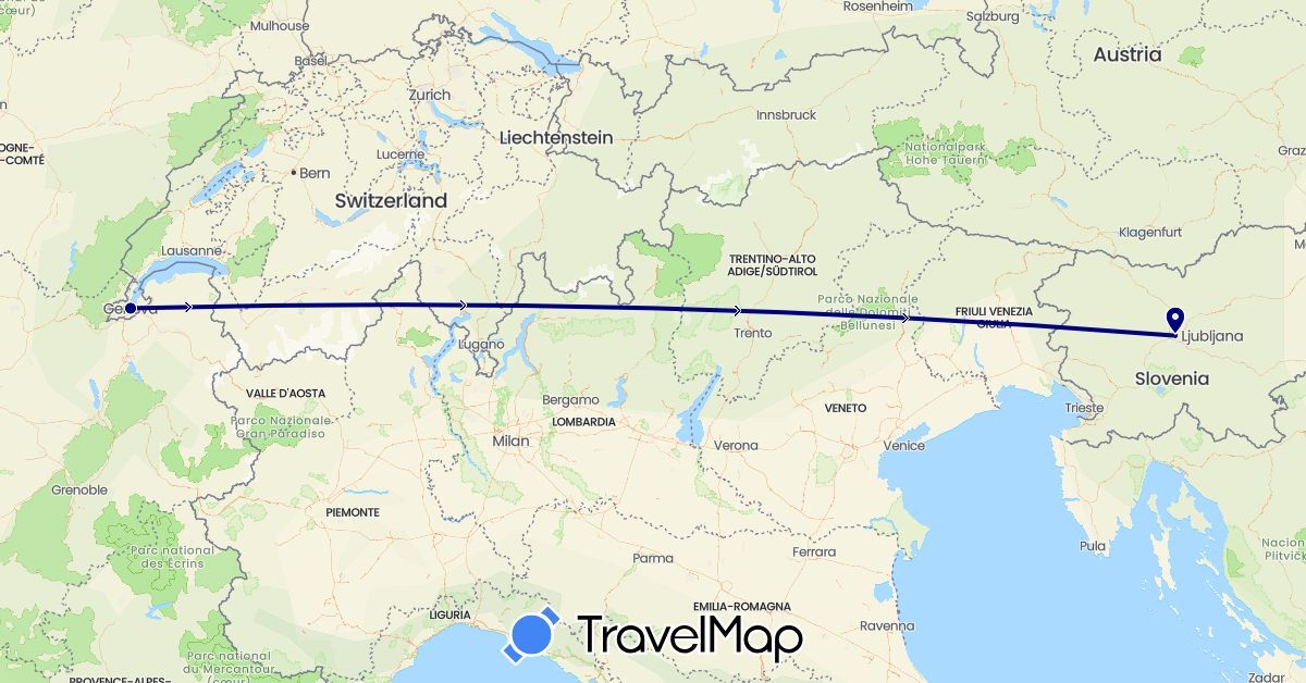 TravelMap itinerary: driving in Switzerland, Slovenia (Europe)